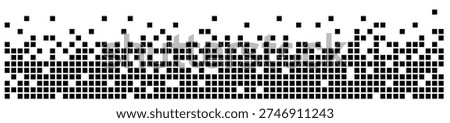 Pixel mosaic border forms a dynamic scatter with geometric rhythm. Square block pattern fades upward with clean grid detail. Vector illustration