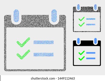 Pixel and mosaic calendar page tasks icons. Vector icon of calendar page tasks formed with randomized circle dots. Other pictogram is created from square dots.