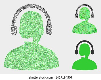 Pixel and mosaic call center operator icons. Vector icon of call center operator combined of irregular circle dots. Other pictogram is formed from square dots.