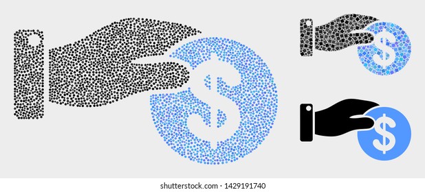 Pixel and mosaic coin payment hand icons. Vector icon of coin payment hand designed with scattered circle points. Other pictogram is designed from dots.