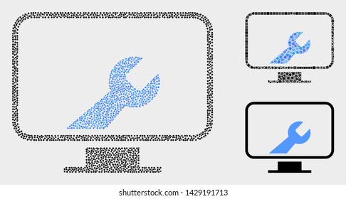 Pixel and mosaic computer settings wrench icons. Vector icon of computer settings wrench formed of scattered circle elements. Other pictogram is formed from small rectangles.
