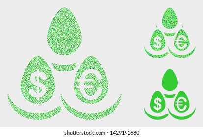 Pixel and mosaic currency deposit eggs icons. Vector icon of currency deposit eggs created of random circle items. Other pictogram is created from small rectangles.