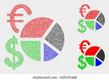 Pixel and mosaic currency pie chart icons. Vector icon of currency pie chart designed of scattered spheric dots. Other pictogram is designed from square dots.