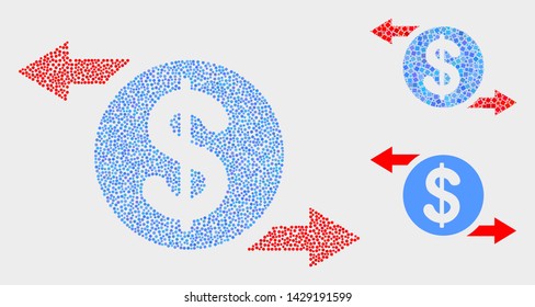 Pixel and mosaic dollar exchange arrows icons. Vector icon of dollar exchange arrows constructed of random circle pixels. Other pictogram is combined from square pixels.