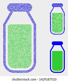 Pixel and mosaic drinking bottle icons. Vector icon of drinking bottle formed of scattered spheric pixels. Other pictogram is combined from square pixels.
