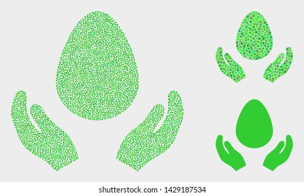 Pixel and mosaic egg care hands icons. Vector icon of egg care hands designed of random spheric pixels. Other pictogram is combined from square pixels.