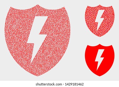 Pixel and mosaic electric shield icons. Vector icon of electric shield constructed with random round elements. Other pictogram is constructed from dots.