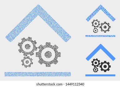 Pixel and mosaic engine service garage icons. Vector icon of engine service garage designed of random circle points. Other pictogram is composed from rectangle elements.
