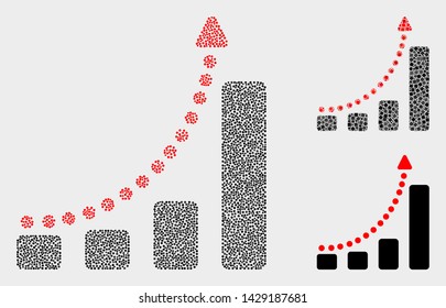 Pixel and mosaic fast growing trend icons. Vector icon of fast growing trend created of irregular spheric items. Other pictogram is created from small squares.