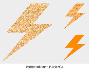 Pixel and mosaic flash icons. Vector icon of flash created of randomized round points. Other pictogram is created from small rectangles.