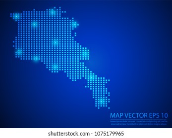 Pixel mosaic glow blue dot map with light on blue background of map of Armenia symbol for your web site design map logo, app, ui, Travel vector eps10.