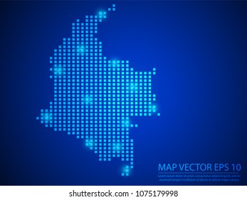 Pixel mosaic glow blue dot map with light on blue background of map of Colombia symbol for your web site design map logo, app, ui, Travel vector eps10.