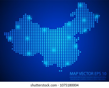 Pixel mosaic glow blue dot map with light on blue background of map of China symbol for your web site design map logo, app, ui, Travel vector eps10.