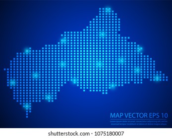 Pixel mosaic glow blue dot map with light on blue background of map of Central African Republic symbol for your web site design map logo, app, ui, Travel vector eps10.