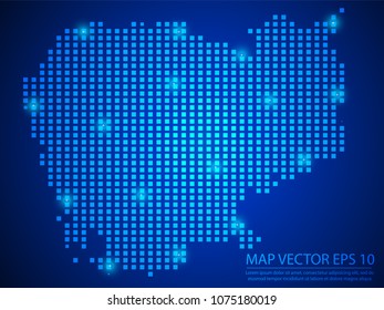 Pixel mosaic glow blue dot map with light on blue background of map of Cambodia symbol for your web site design map logo, app, ui, Travel vector eps10.