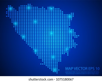 Pixel mosaic glow blue dot map with light on blue background of map of Bosnia and Herzegovina symbol for your web site design map logo, app, ui, Travel vector eps10.