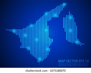 Pixel mosaic glow blue dot map with light on blue background of map of Brunei Darussalam symbol for your web site design map logo, app, ui, Travel vector eps10.