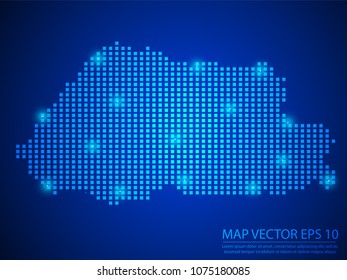 Pixel mosaic glow blue dot map with light on blue background of map of Bhutan symbol for your web site design map logo, app, ui, Travel vector eps10.