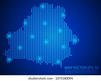 Pixel mosaic glow blue dot map with light on blue background of map of Belarus symbol for your web site design map logo, app, ui, Travel vector eps10.