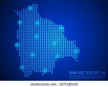 Pixel mosaic glow blue dot map with light on blue background of map of Bolivia symbol for your web site design map logo, app, ui, Travel vector eps10.