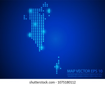 Pixel mosaic glow blue dot map with light on blue background of map of Bahrain symbol for your web site design map logo, app, ui, Travel vector eps10.