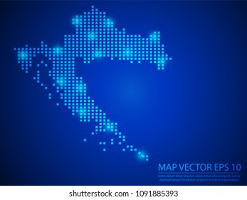 Pixel mosaic glow blue dot map with light on blue background of map of Croatia symbol for your web site design map logo, app, ui, Travel vector eps10.