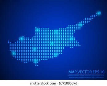 Pixel mosaic glow blue dot map with light on blue background of map of Cyprus symbol for your web site design map logo, app, ui, Travel vector eps10.
