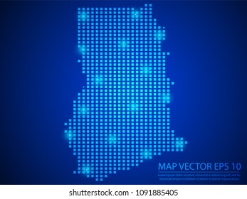 Pixel mosaic glow blue dot map with light on blue background of map of Ghana symbol for your web site design map logo, app, ui, Travel vector eps10.