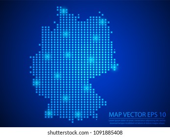 Pixel mosaic glow blue dot map with light on blue background of map of Germany symbol for your web site design map logo, app, ui, Travel vector eps10.