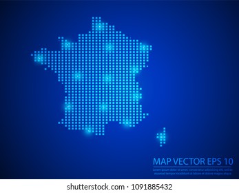 Pixel mosaic glow blue dot map with light on blue background of map of France symbol for your web site design map logo, app, ui, Travel vector eps10.