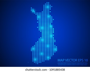 Pixel mosaic glow blue dot map with light on blue background of map of Finland symbol for your web site design map logo, app, ui, Travel vector eps10.