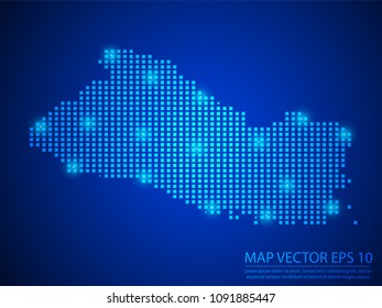 Pixel mosaic glow blue dot map with light on blue background of map of El Salvador symbol for your web site design map logo, app, ui, Travel vector eps10.