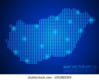 Pixel mosaic glow blue dot map with light on blue background of map of Hungary symbol for your web site design map logo, app, ui, Travel vector eps10.