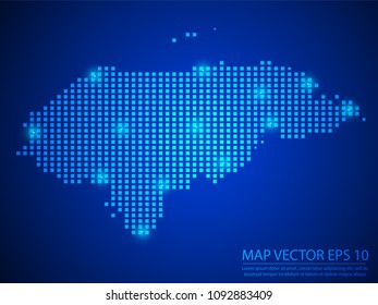 Pixel mosaic glow blue dot map with light on blue background of map of Honduras symbol for your web site design map logo, app, ui, Travel vector eps10.