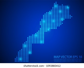 Pixel mosaic glow blue dot map with light on blue background of map of Morocco symbol for your web site design map logo, app, ui, Travel vector eps10.