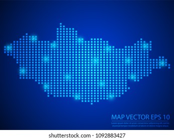 Pixel mosaic glow blue dot map with light on blue background of map of Mongolia symbol for your web site design map logo, app, ui, Travel vector eps10.