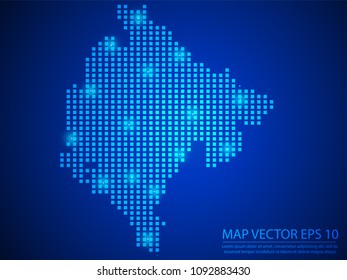 Pixel mosaic glow blue dot map with light on blue background of map of Montenegro symbol for your web site design map logo, app, ui, Travel vector eps10.