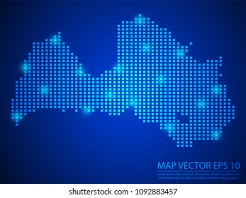 Pixel mosaic glow blue dot map with light on blue background of map of Latvia symbol for your web site design map logo, app, ui, Travel vector eps10.