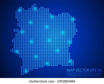 Pixel mosaic glow blue dot map with light on blue background of map of Ivory Coast symbol for your web site design map logo, app, ui, Travel vector eps10.