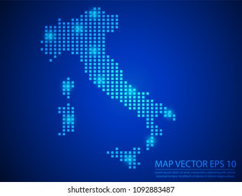 Pixel mosaic glow blue dot map with light on blue background of map of Italy symbol for your web site design map logo, app, ui, Travel vector eps10.