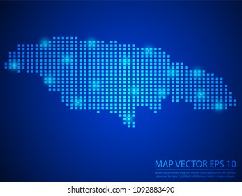 Pixel mosaic glow blue dot map with light on blue background of map of Jamaica symbol for your web site design map logo, app, ui, Travel vector eps10.
