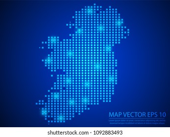 Pixel mosaic glow blue dot map with light on blue background of map of Ireland symbol for your web site design map logo, app, ui, Travel vector eps10.