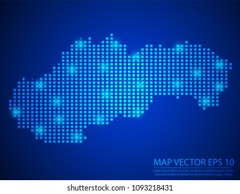 Pixel mosaic glow blue dot map with light on blue background of map of Slovakia symbol for your web site design map logo, app, ui, Travel vector eps10.