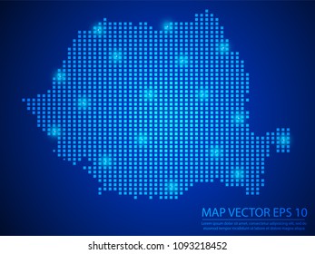 Pixel mosaic glow blue dot map with light on blue background of map of Romania symbol for your web site design map logo, app, ui, Travel vector eps10.