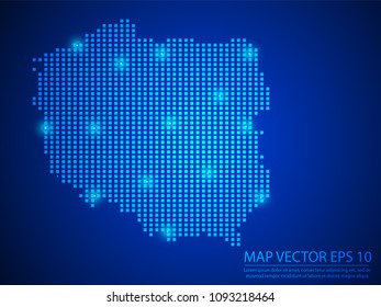 Pixel mosaic glow blue dot map with light on blue background of map of Poland symbol for your web site design map logo, app, ui, Travel vector eps10.