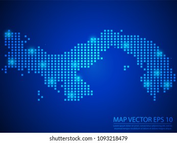 Pixel mosaic glow blue dot map with light on blue background of map of Panama symbol for your web site design map logo, app, ui, Travel vector eps10.