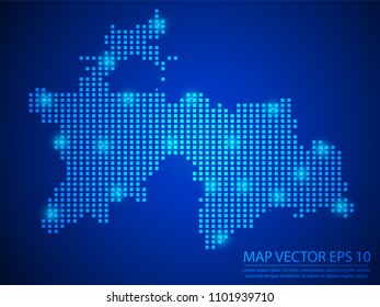 Pixel mosaic glow blue dot map with light on blue background of map of Tajikistan symbol for your web site design map logo, app, ui, Travel vector eps10.