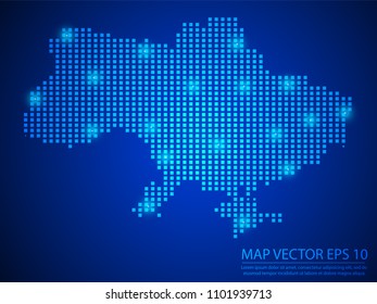 Pixel mosaic glow blue dot map with light on blue background of map of Ukraine symbol for your web site design map logo, app, ui, Travel vector eps10.