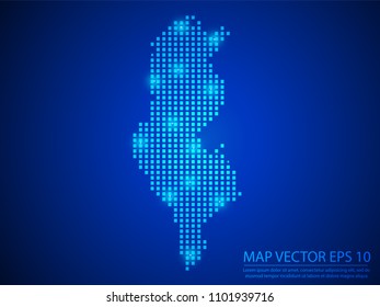 Pixel mosaic glow blue dot map with light on blue background of map of Tunisia symbol for your web site design map logo, app, ui, Travel vector eps10.