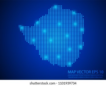 Pixel mosaic glow blue dot map with light on blue background of map of Zimbabwe symbol for your web site design map logo, app, ui, Travel vector eps10.